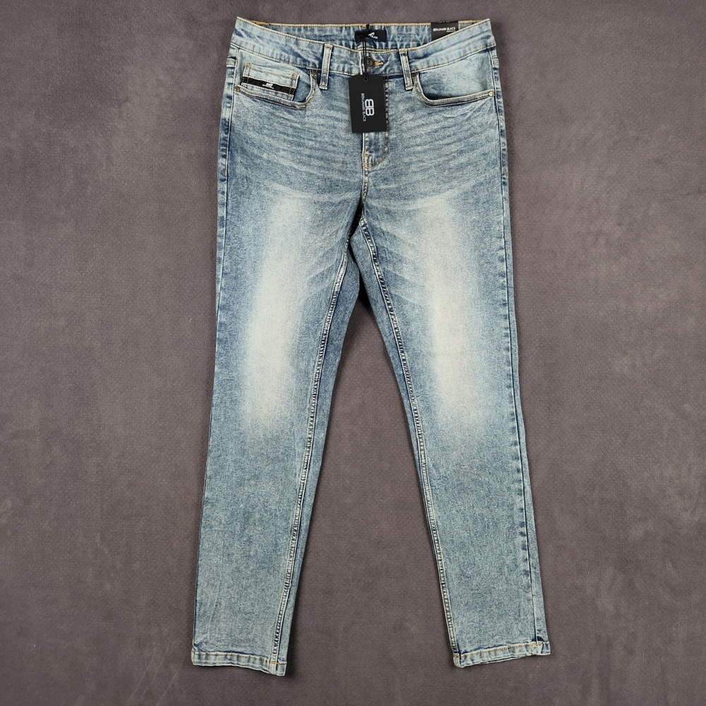Benjamin Black Slim Fit Jeans Mens 32x32 Blue Faded Acid Wash Stretch Denim NEW